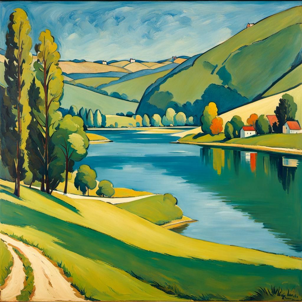 Landscape Painting with Lake in Cloisonnist Style