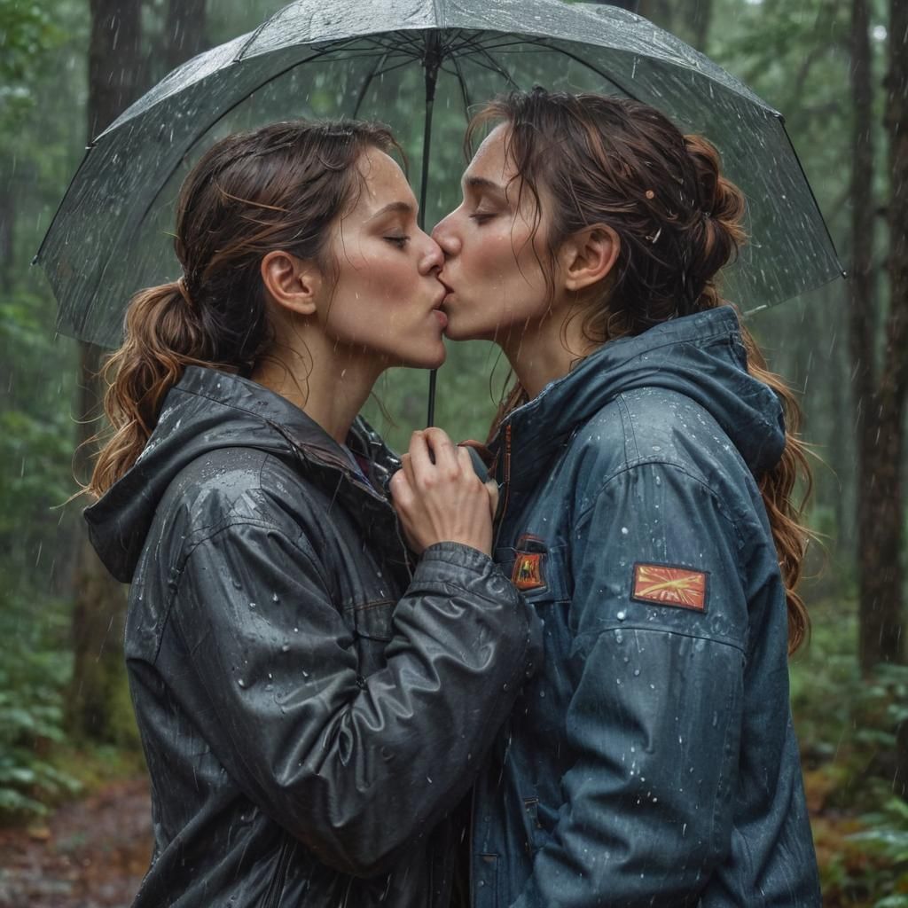Women Kissing in Rainy Forest: Hyperdetailed Portrait