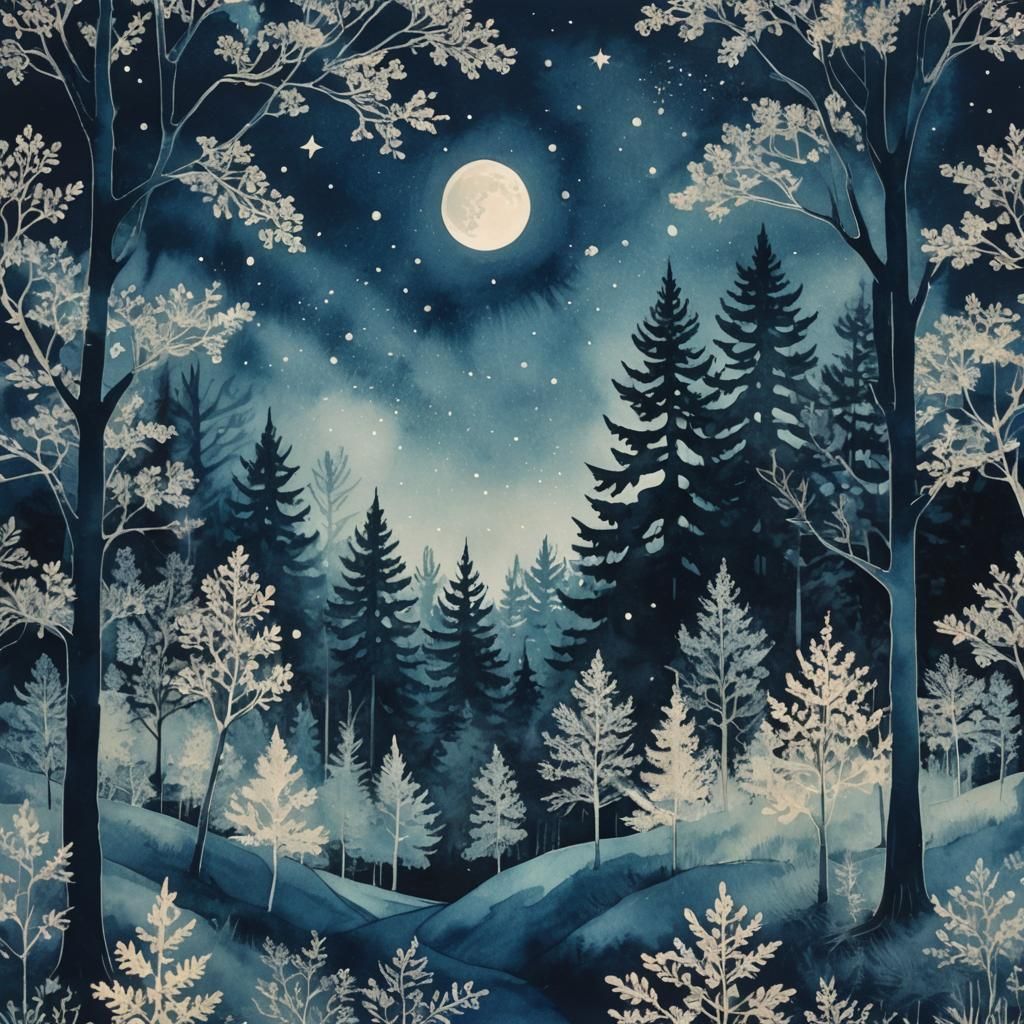 Whimsical forestscape in blue hues