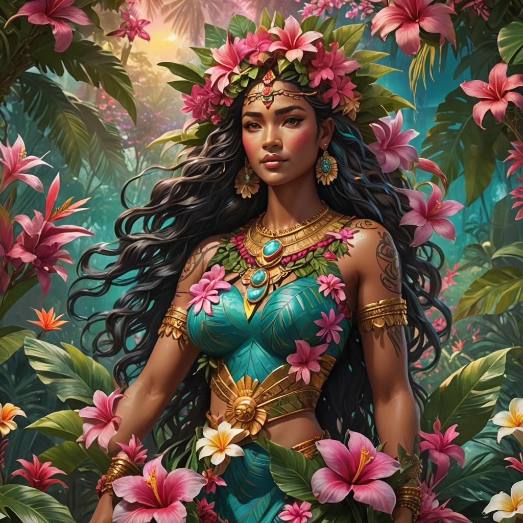 Laka: Hawaiian Goddess of Beauty in Art Nouveau Style