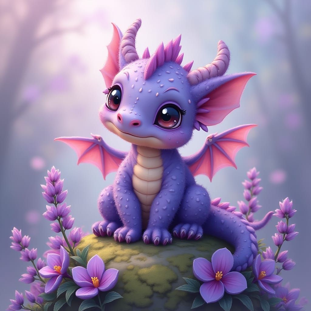 Adorable Purple Dragon in Dreamy Pastel Landscape
