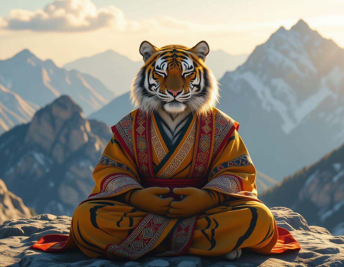 Meditating Tiger in Tribal Robes on Mountain Peak