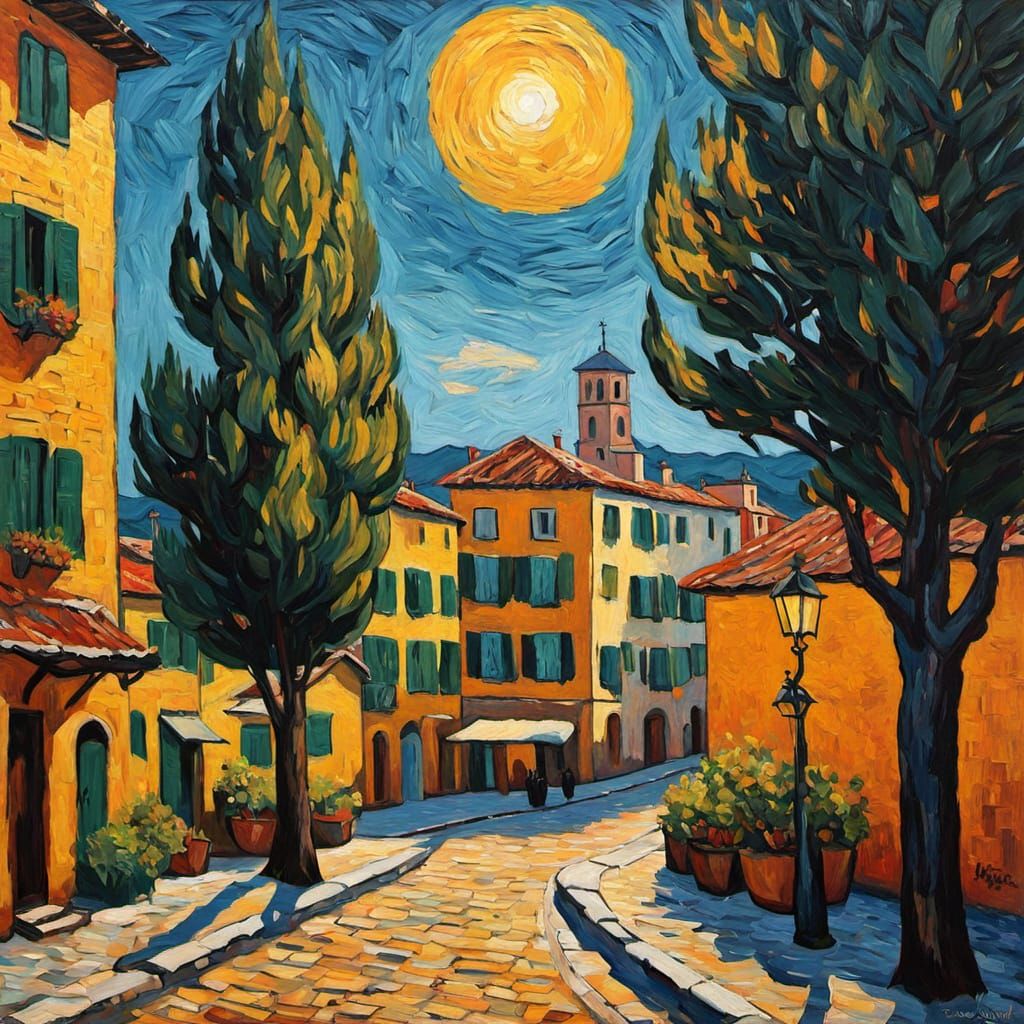 Neo-Impressionist Italian Village Scene with Warm Mediterran...
