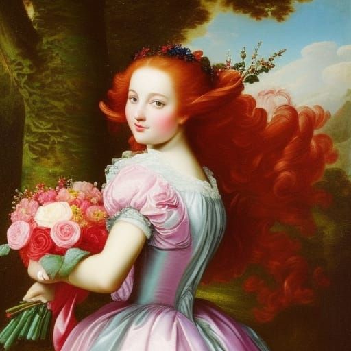 Red-Haired Princess with Roses: Baroque Painting