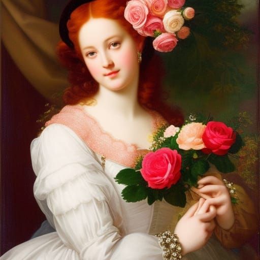 Red-Haired Princess with Roses in Baroque Painting