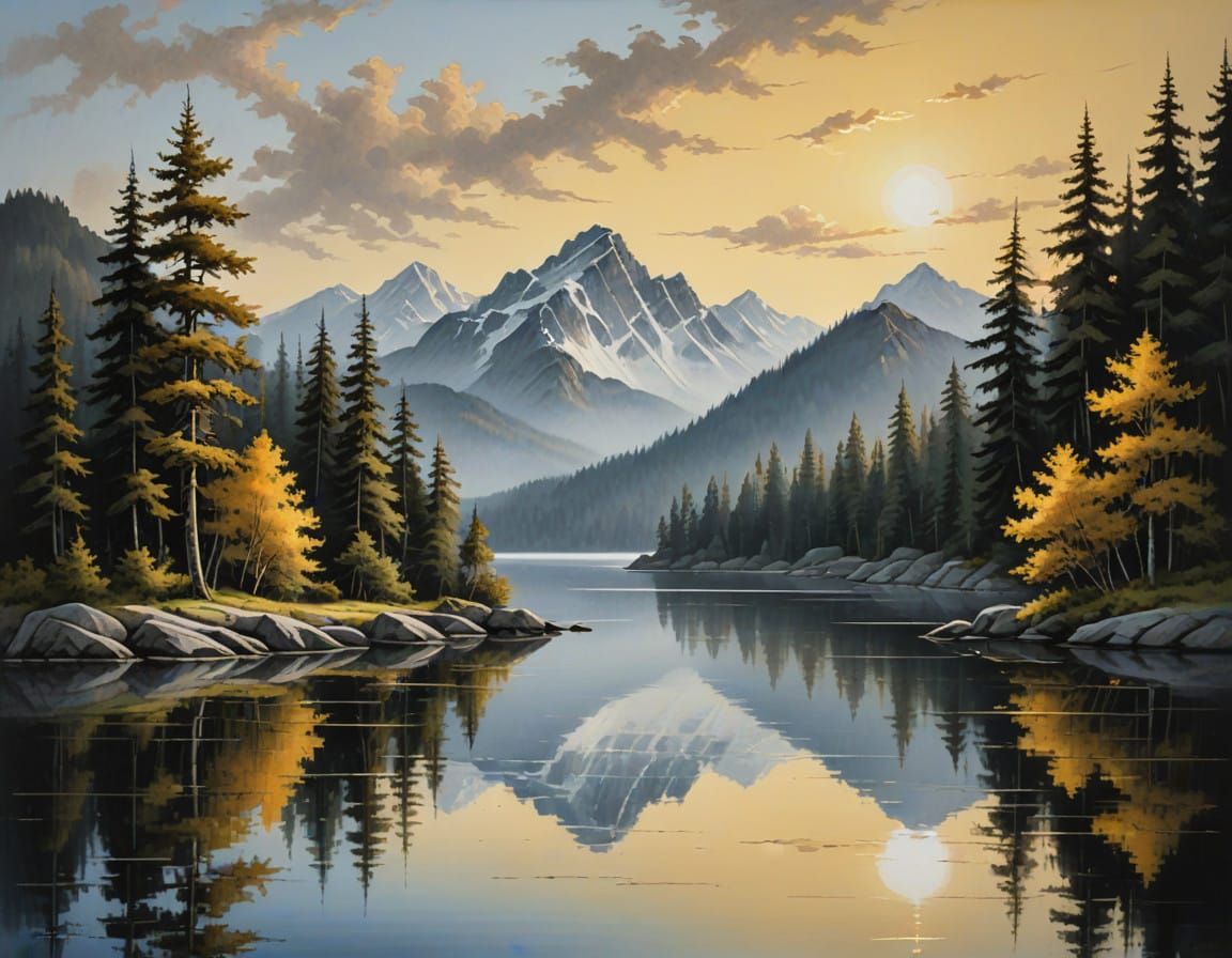 Mountainous Lakeside Serenity in Soft Brushstrokes