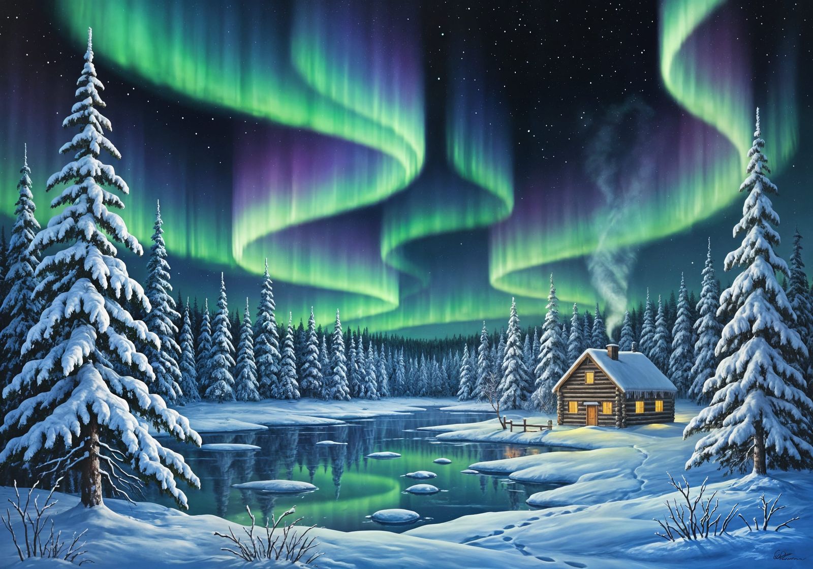Boreal Forest Aurora Landscape in Bob Ross Style