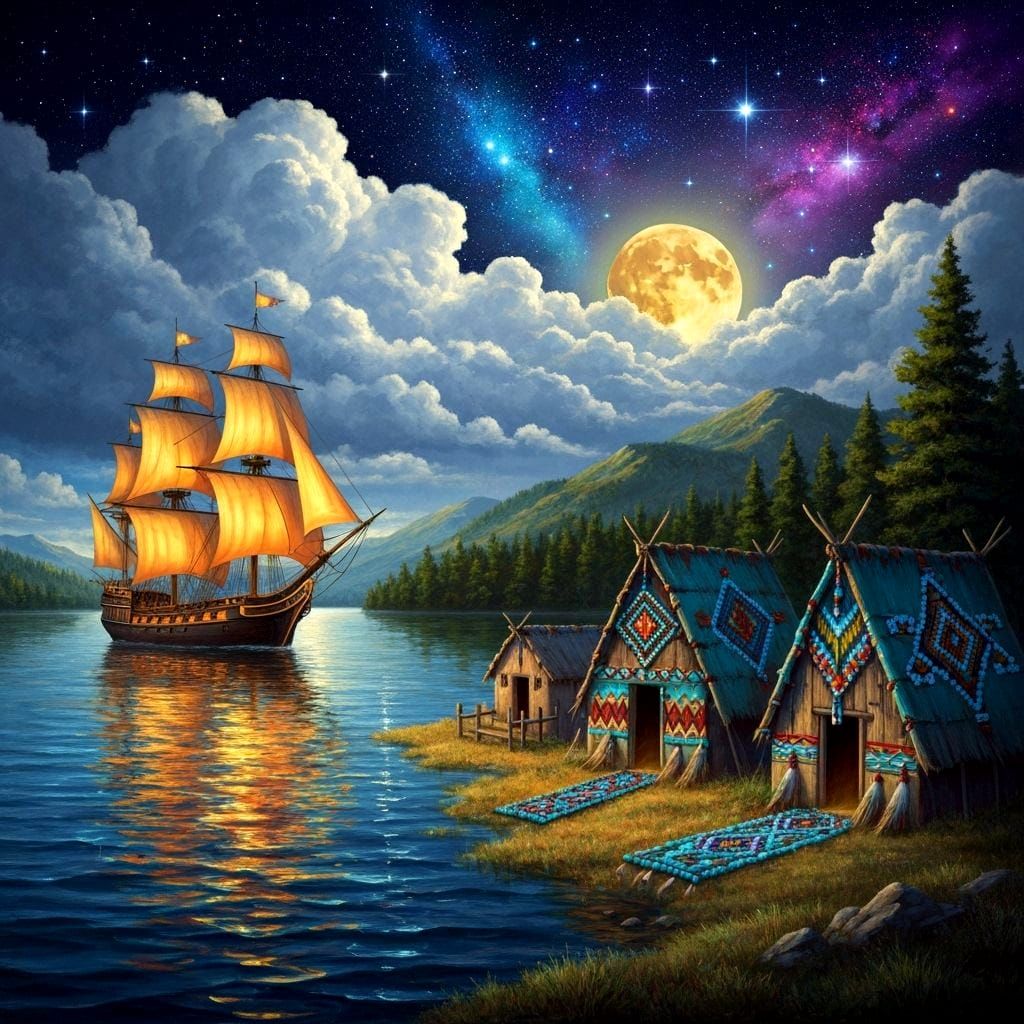 Fantasy Lakescape: Colonial Ship Under Amber Moon