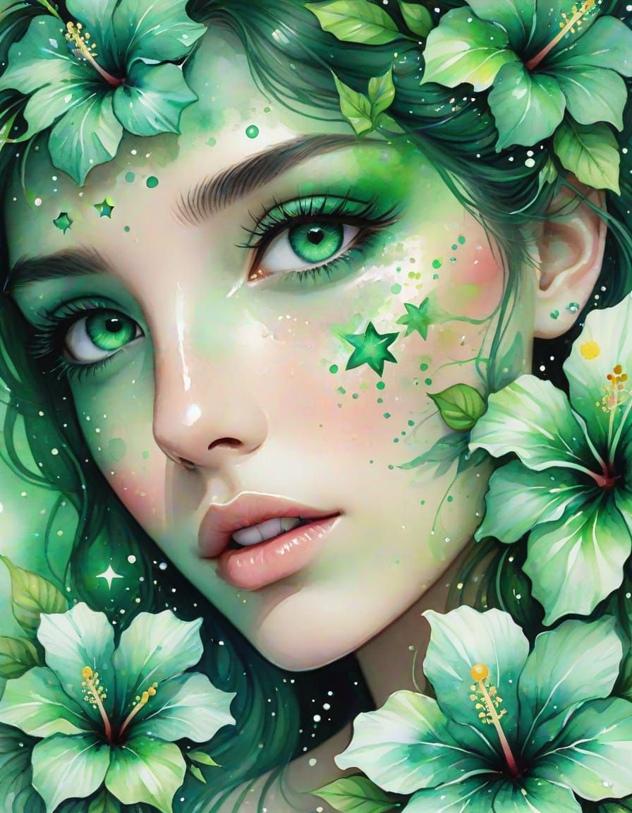 Emerald Eyes with Hibiscus Flowers in Watercolor Style