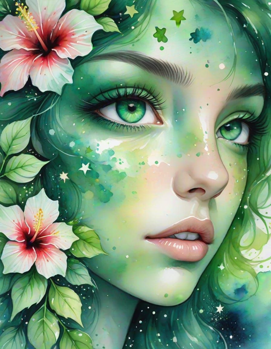 Emerald Eyes with Hibiscus Flowers in Watercolor