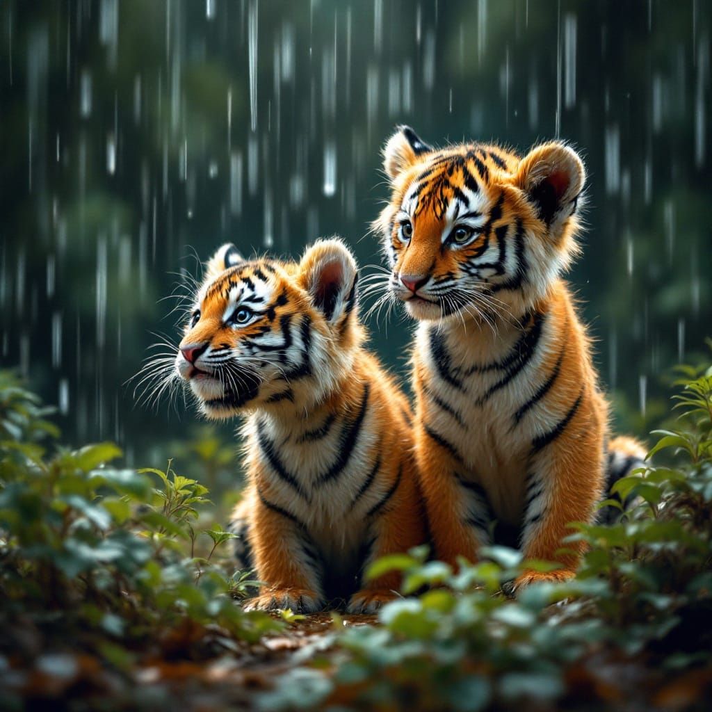 Tiger Cubs in the Rain