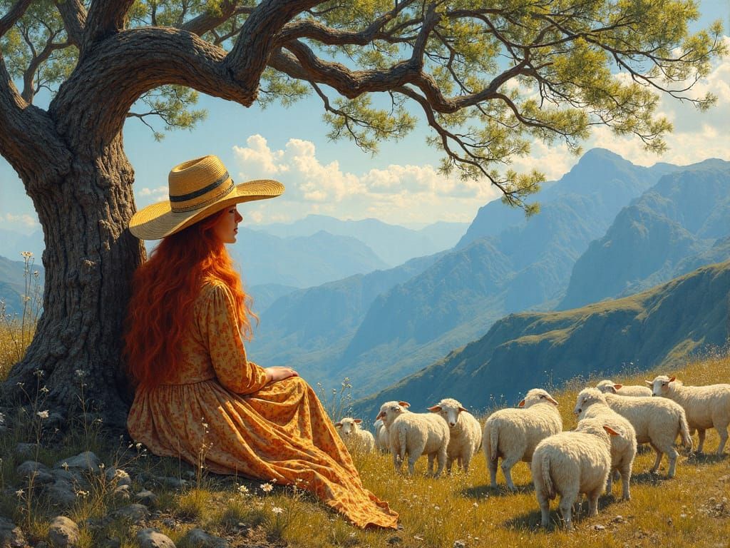 Shepherdess in Mountain Landscape, Impressionistic Style
