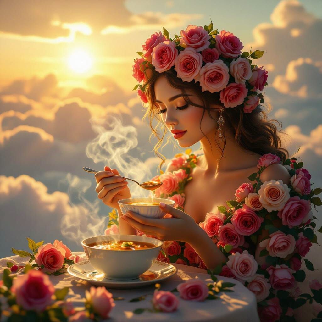 Rose Woman Eating Soup in Ethereal Light