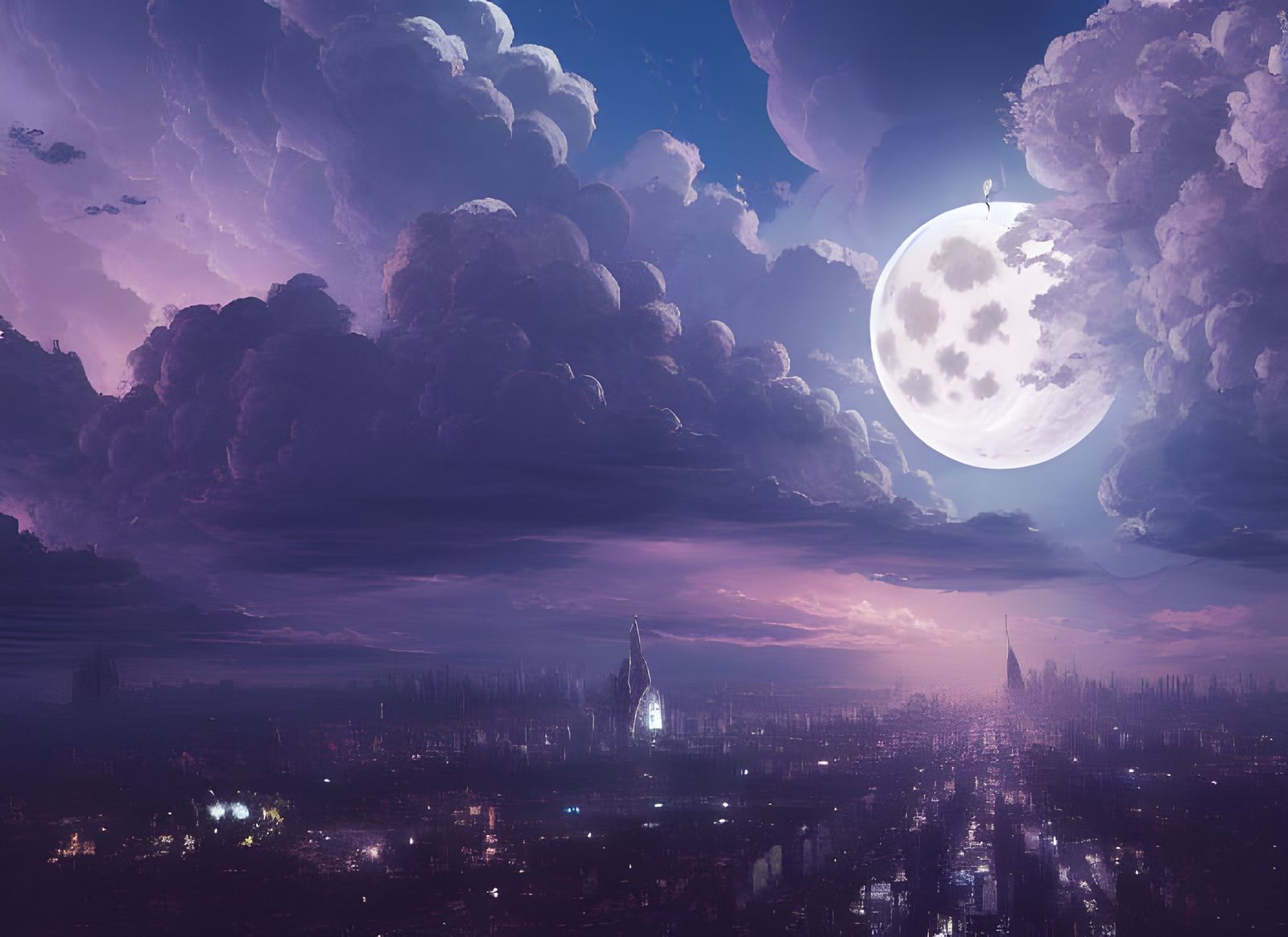 Dramatic Moon Over Metropolis Digital Illustration