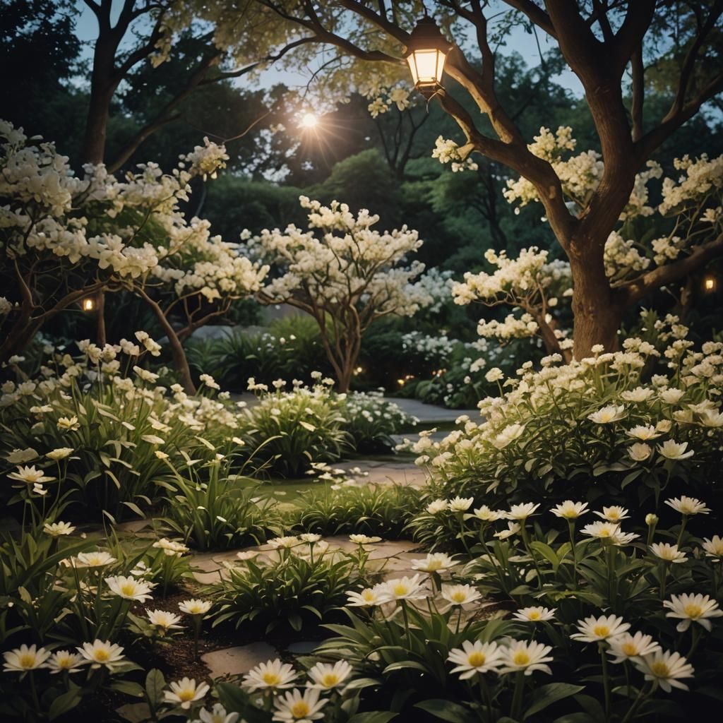 Tranquil Garden at Dusk in Cinematic Lighting