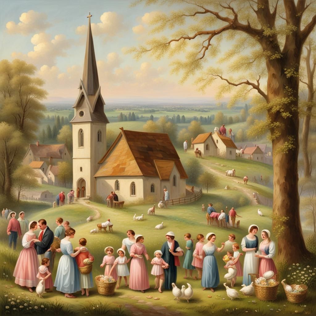Classic Easter Scene with Families and Church