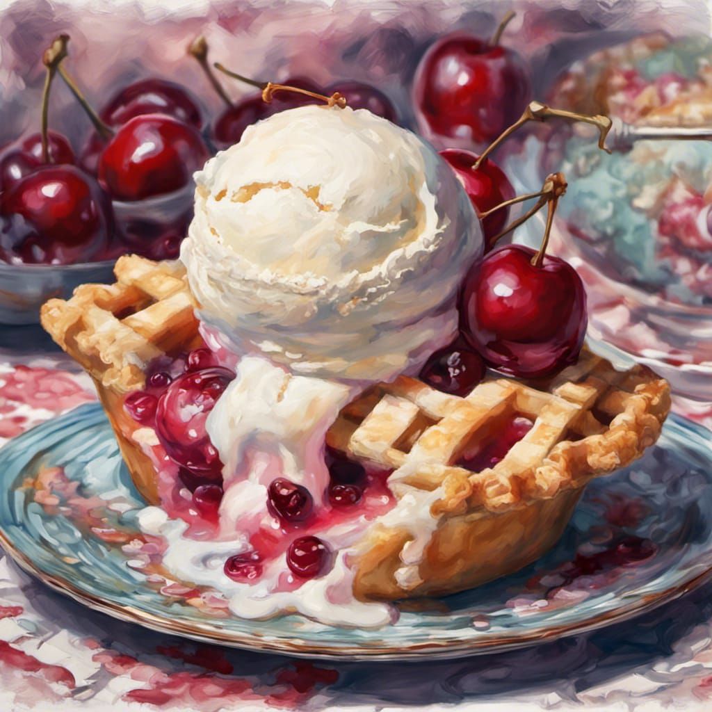Vanilla Ice Cream Cherry Pie Gouache Painting