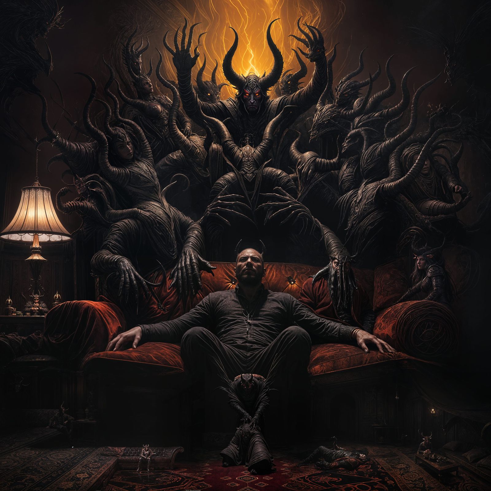 A Lonely Figure Beset by Dark Entities in a Dimly Lit Living...