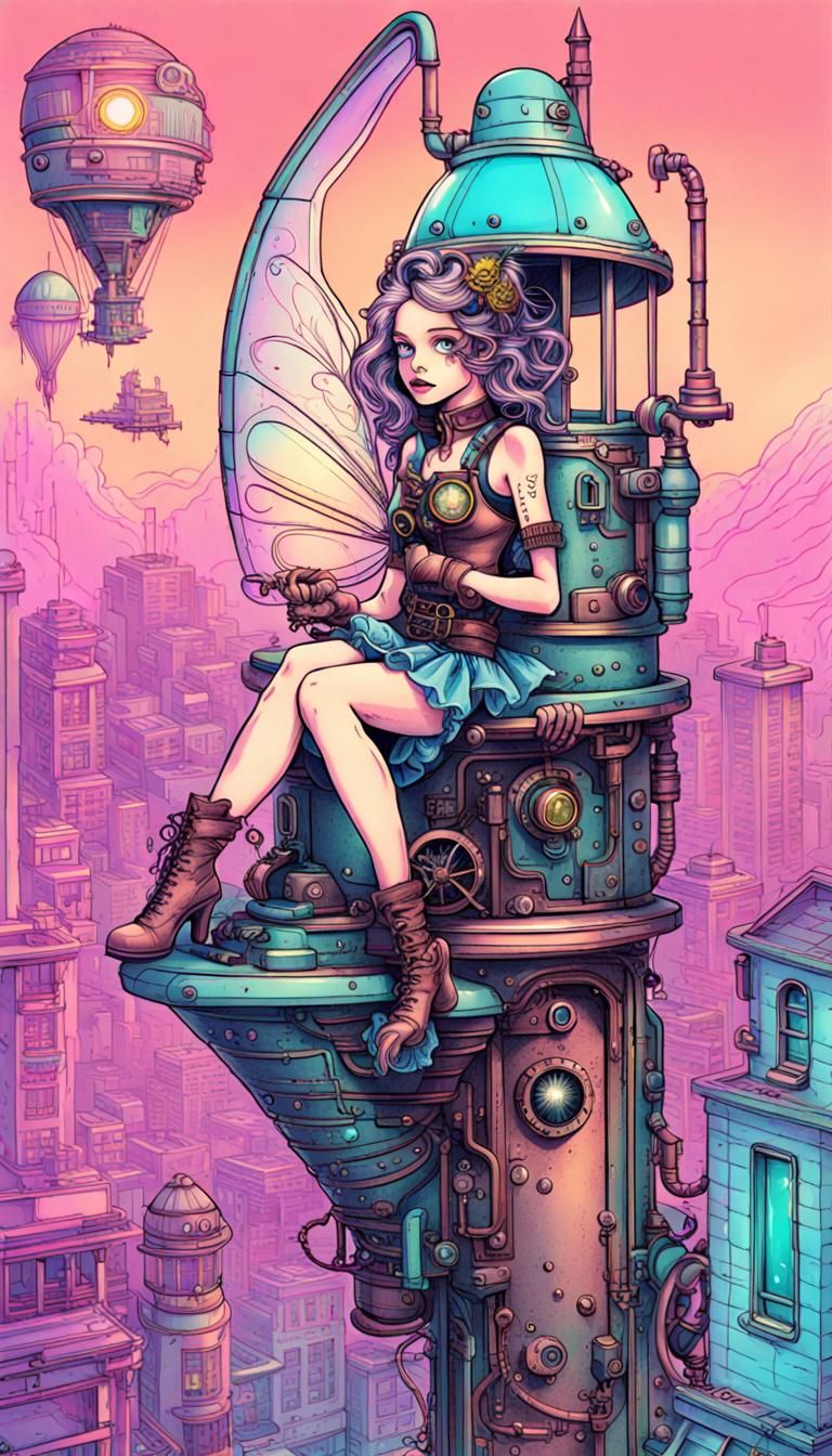 Steampunk Fairy in Toy Rocket: Neon Retro Line Art