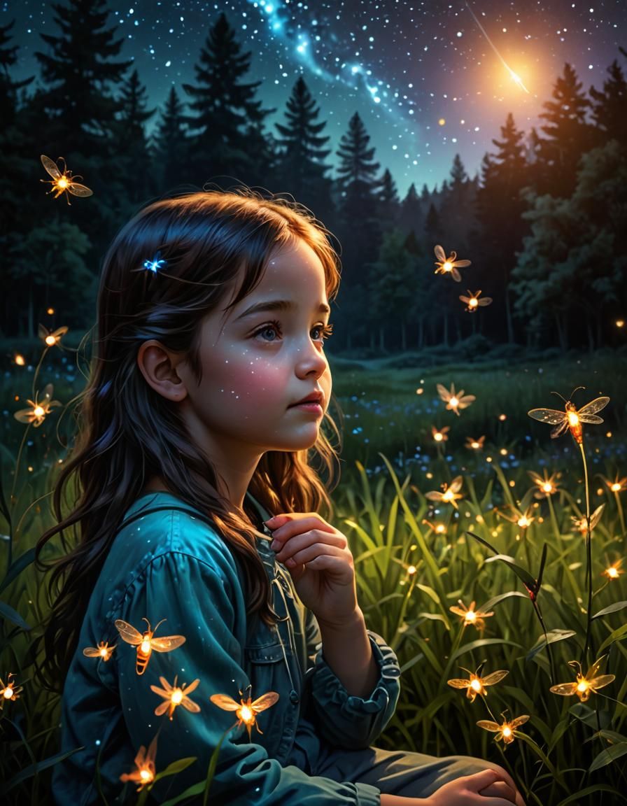 Firefly Landing: Bioluminescent Meadow Scene