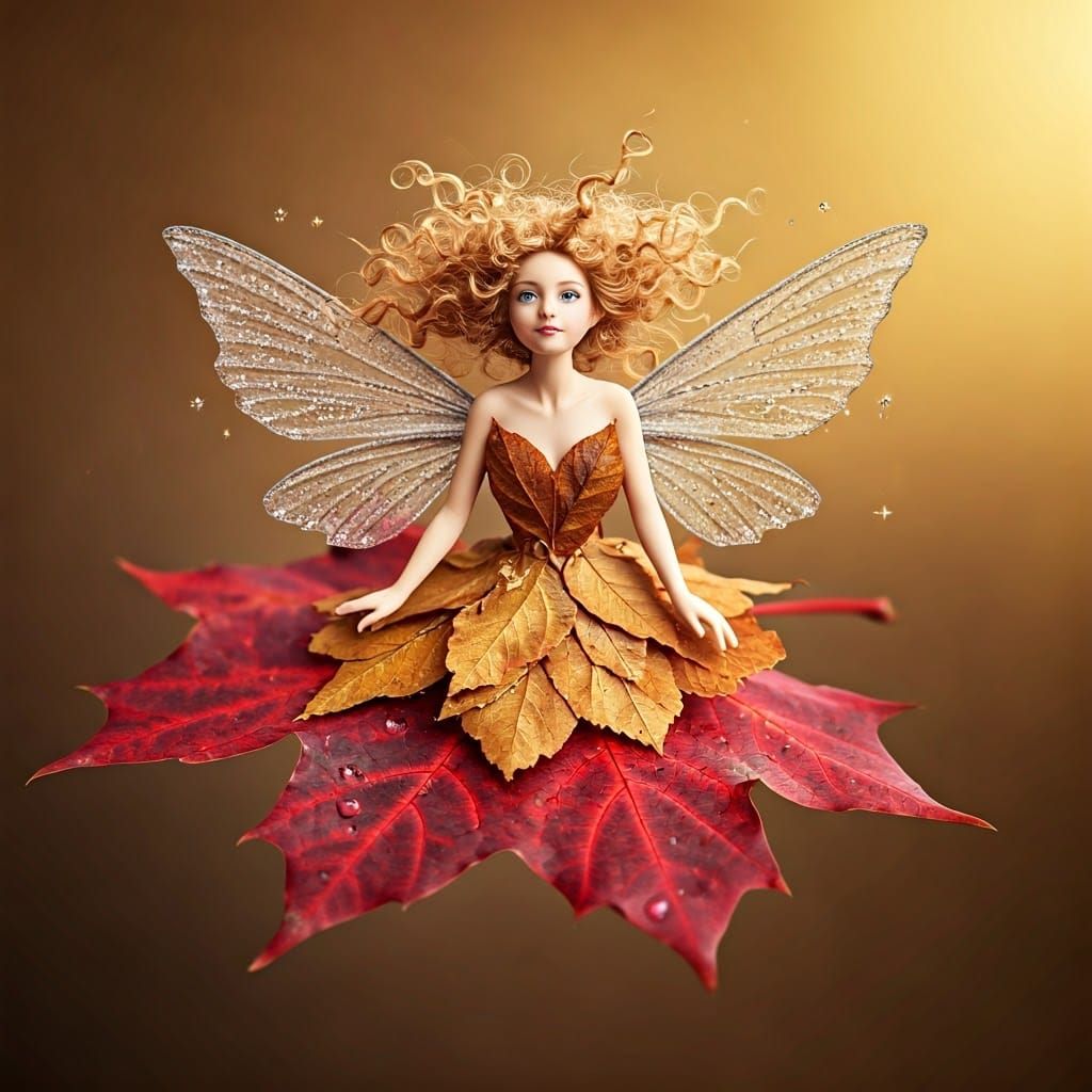 Autumn Fairy on Maple Leaf in Photorealistic Style