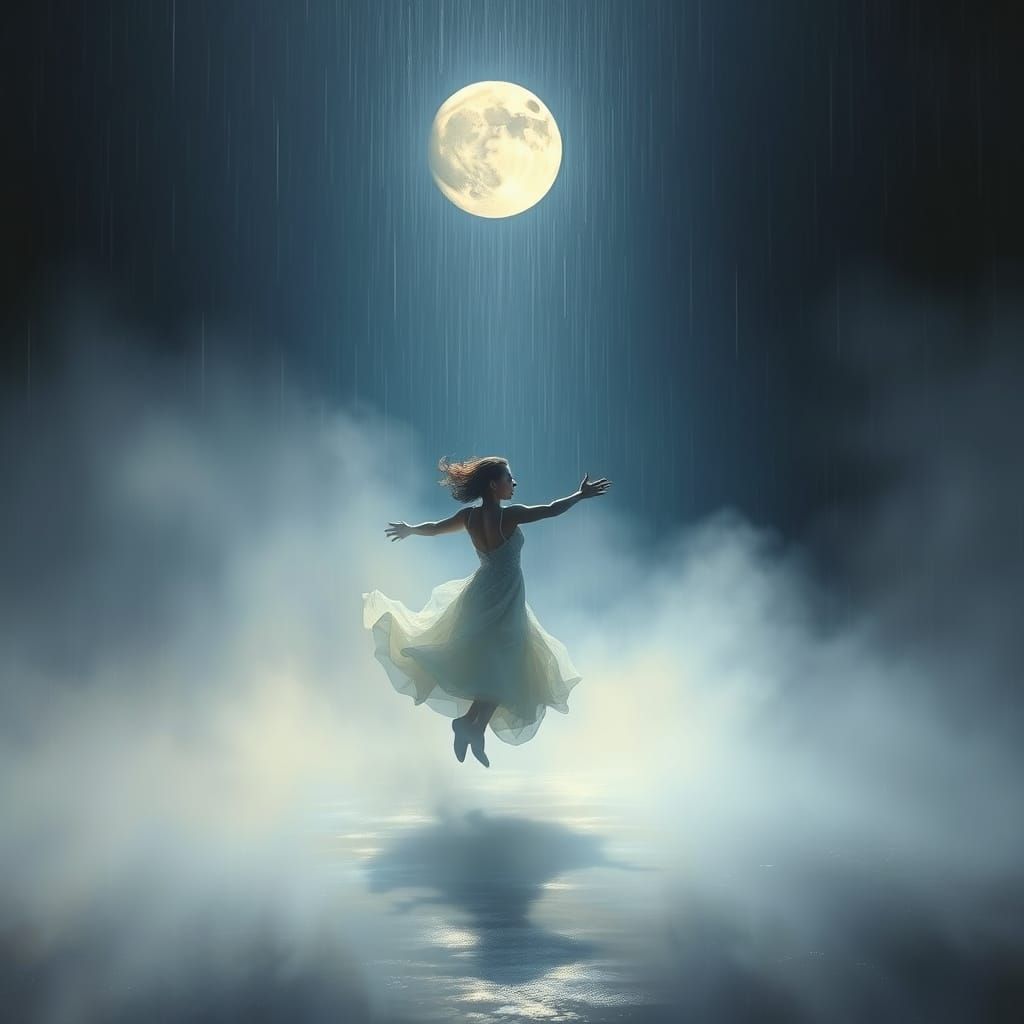 Ethereal Moonlit Figure Dances in Fog