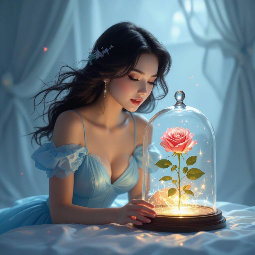 Woman Gazing at Floating Rose, Hyperrealistic Style