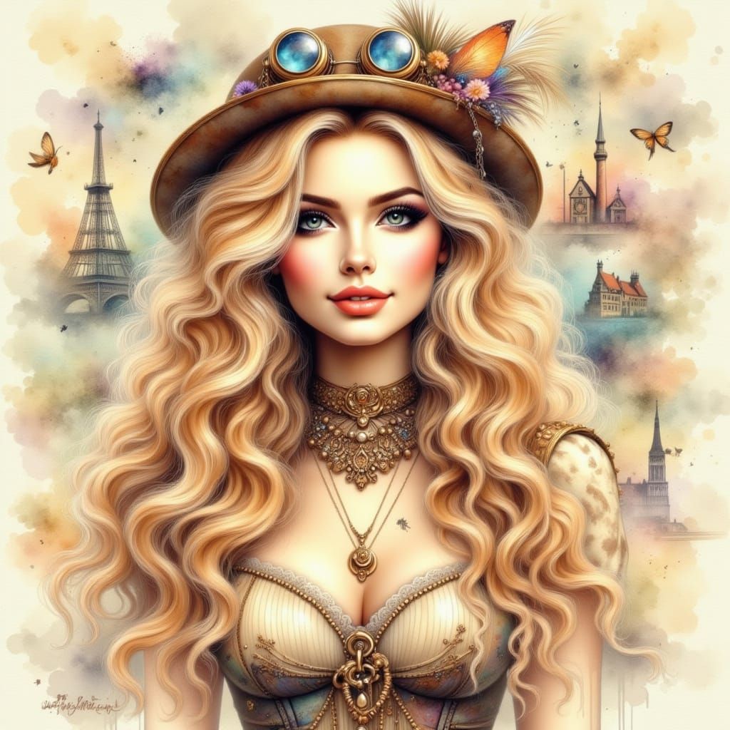 Steampunk Pin-Up in Watercolor and Acrylic