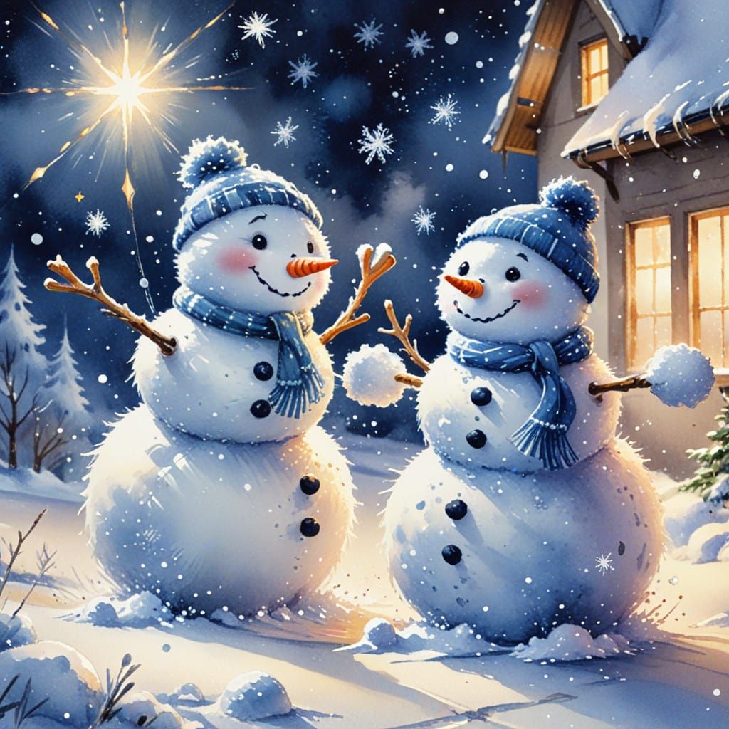 Watercolor Snowman Delighting in Winter Wonderland