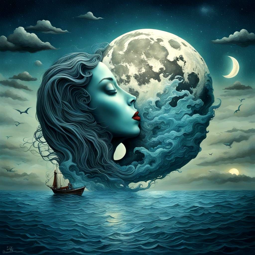 Surreal Kiss Between Moon and Sea