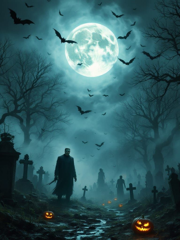 Halloween Cemetery with Zombies and Frankenstein