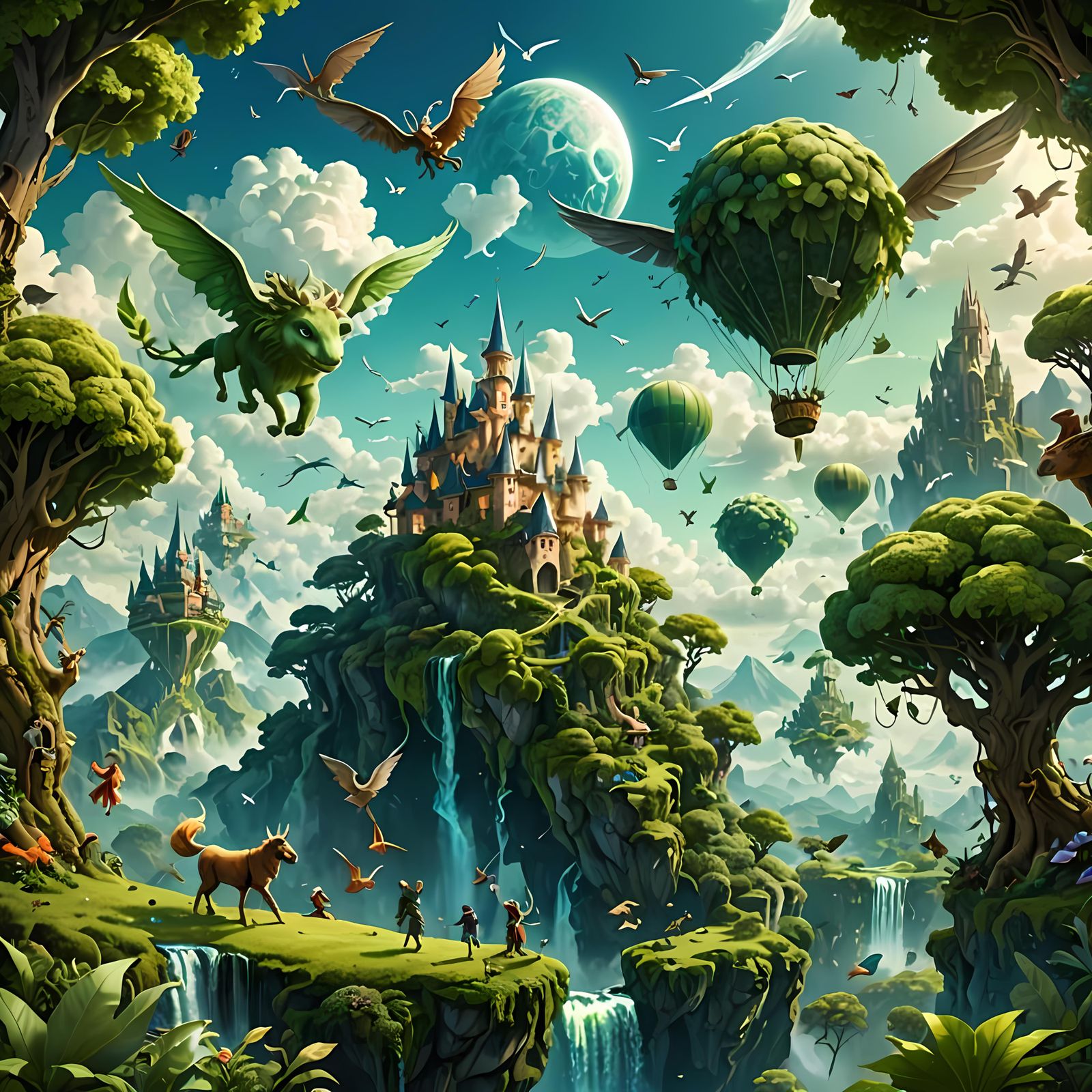 A fantasy world full greenery and mythical creatures flying in the sky pure dream world