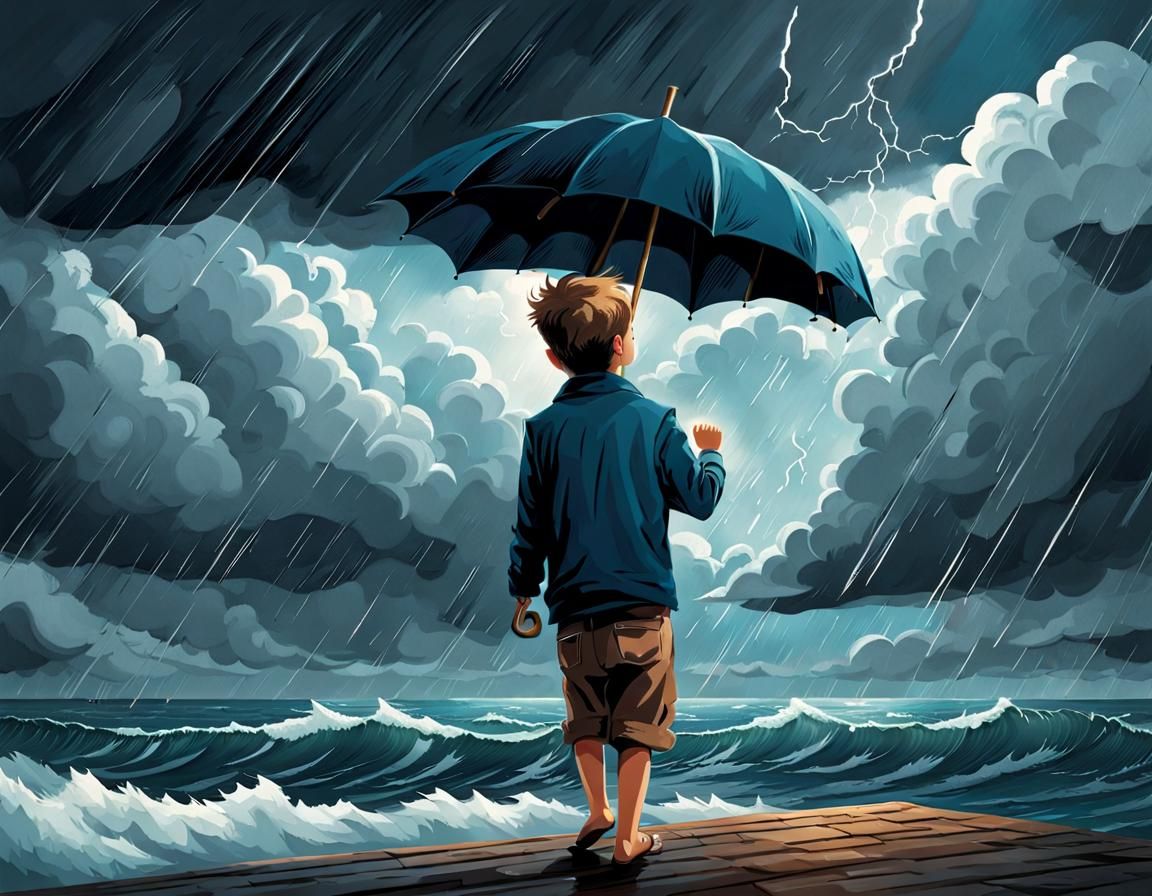 A boy goes outside during a storm. The wind catches his umbr...