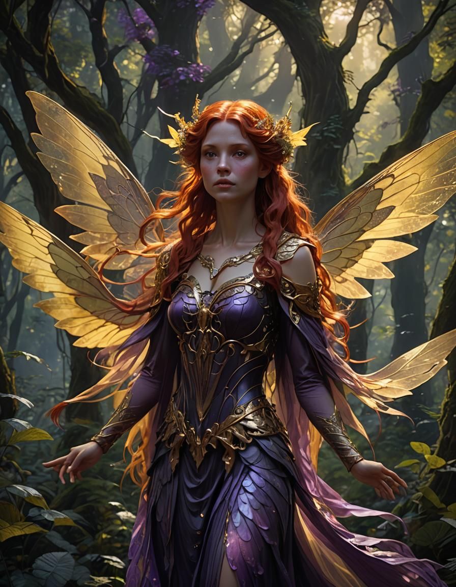 Redhead Fairy in Mystical Forest, Dark Fantasy Art