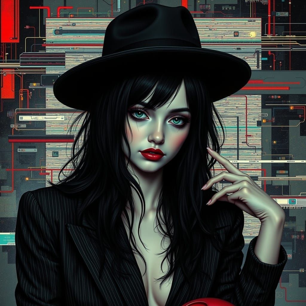 Goth Woman in Distorted Analog Horror Landscape