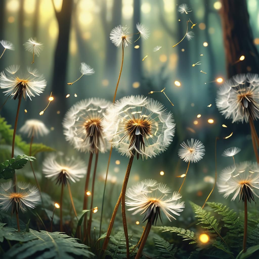 Blooming Dandelion in Whimsical Forest: Fantasy Art