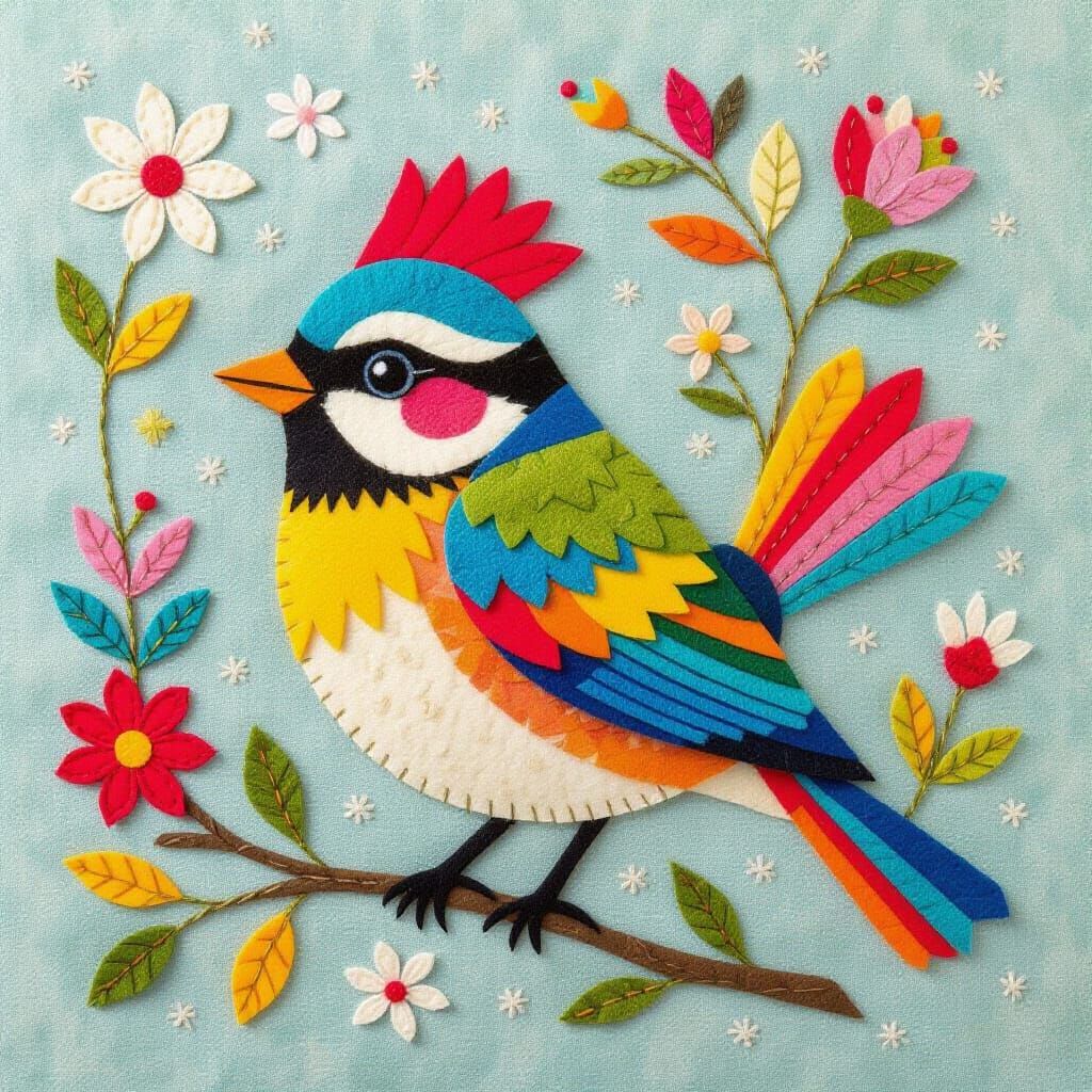Colorful Felt Bird in Folk Art Style