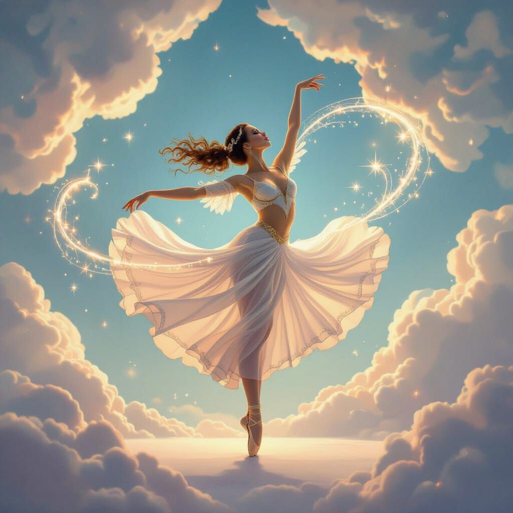 Magical Dancer Pirouettes High Among Sky Clouds