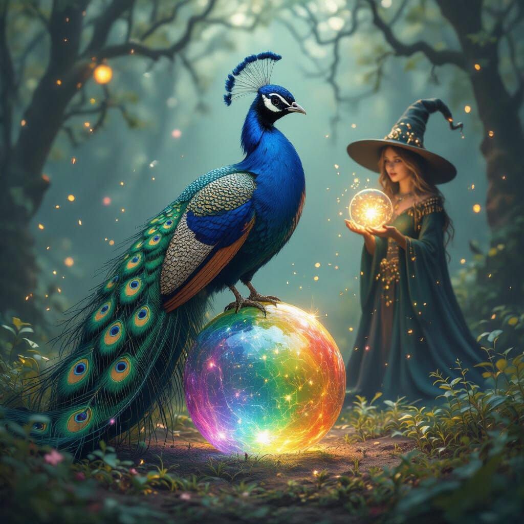 Golden Peacock on Rainbow Sphere with Witch in Fantasy Realm