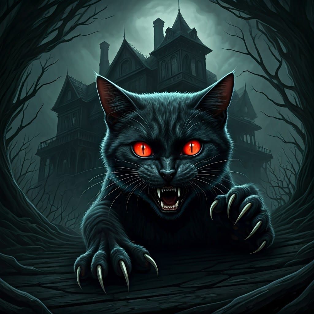 Menacing Black Cat in Gothic Horror Scene
