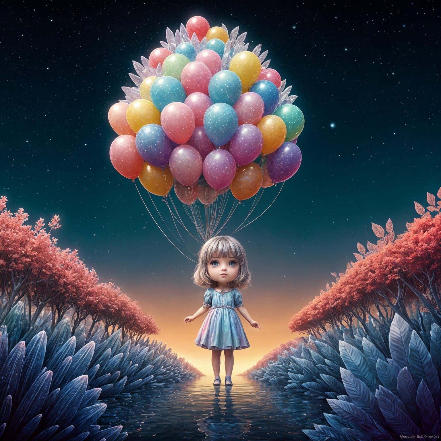 Iridescent Chibi Girl with Bioluminescent Forest Balloons