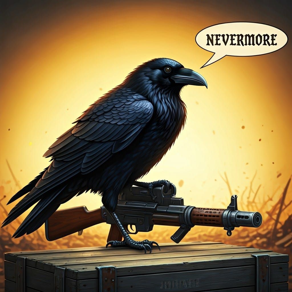 Raven with Machine Gun Says Nevermore