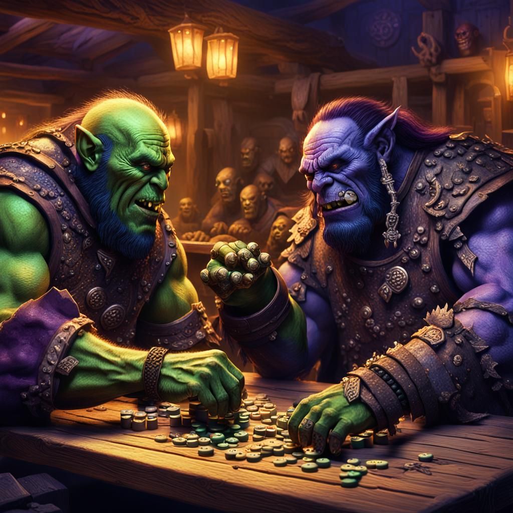 Orc Barbarians Play Dominoes in Dim Tavern