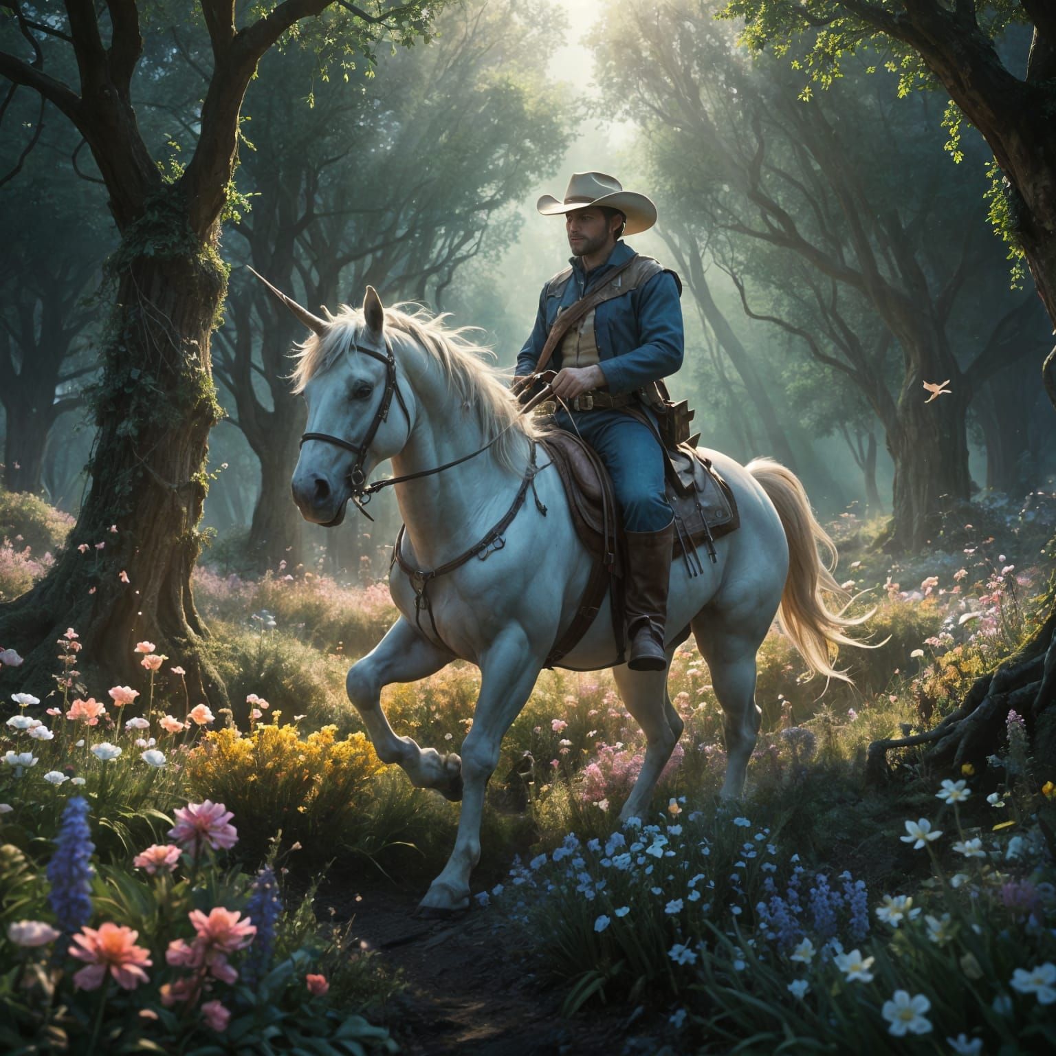 Cowboy Rides Unicorn on Flowery Path in Fantasy Forest