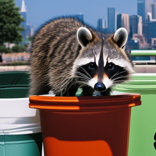 Raccoon Rummages in Trash with Cityscape Background