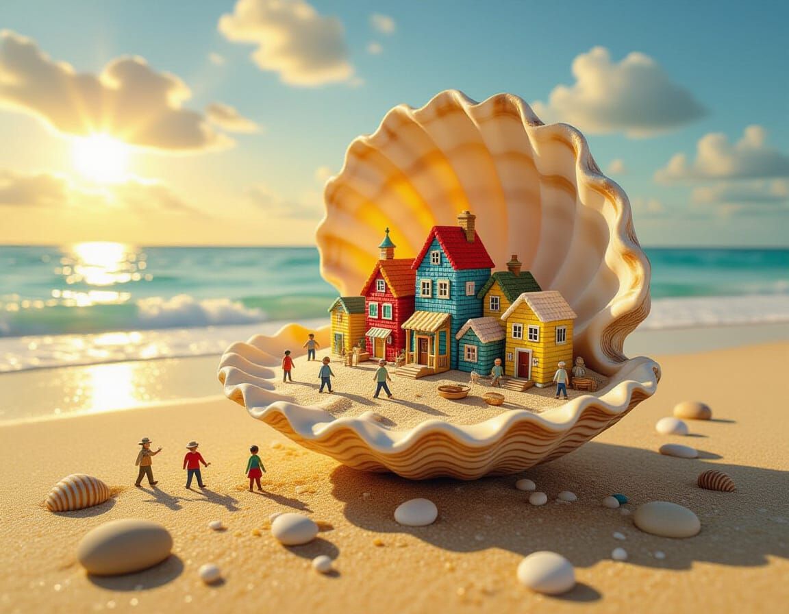 Miniature City in Seashell: Naive Folk Art Scene