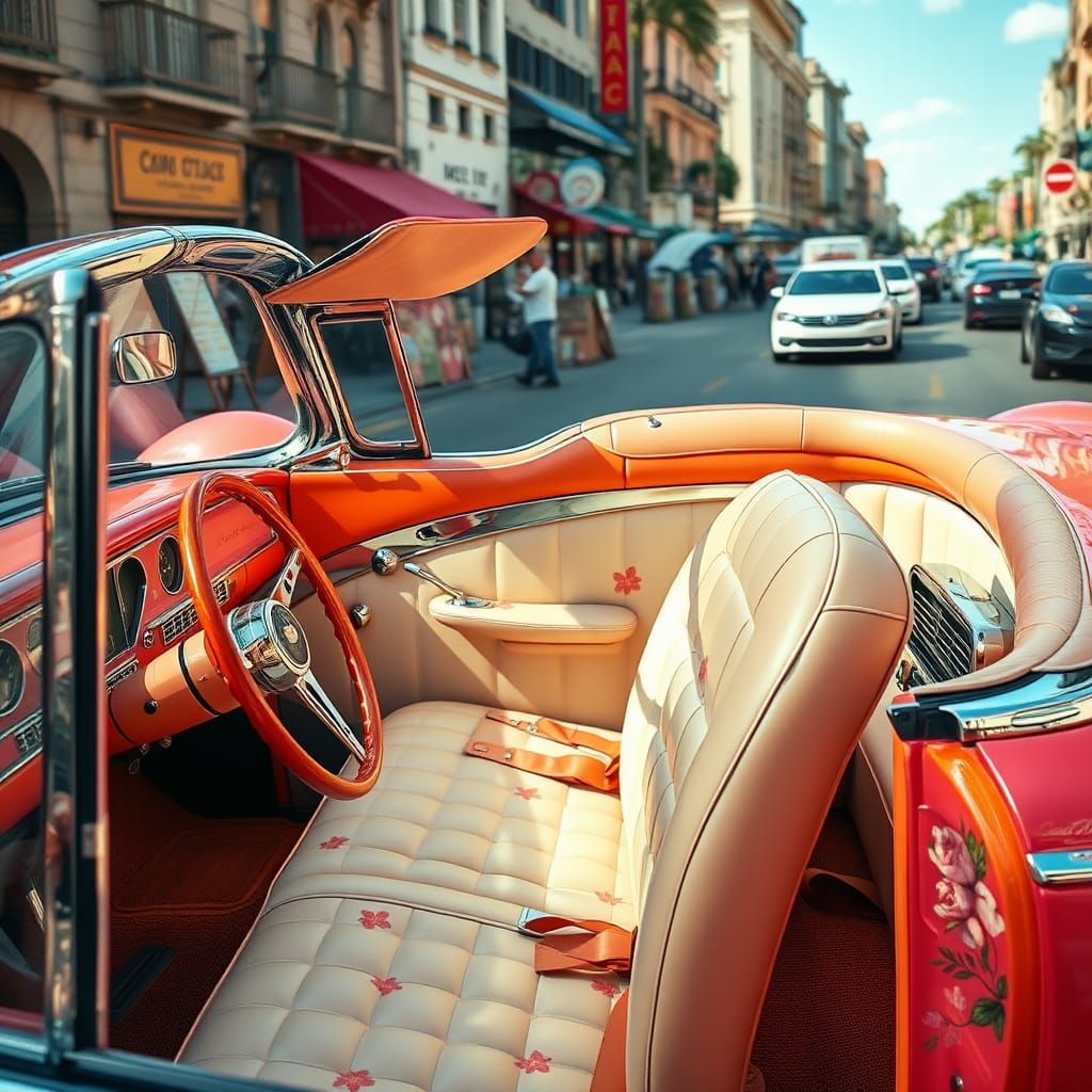 Vintage Car in Pink and Orange, Retro-Futuristic Style