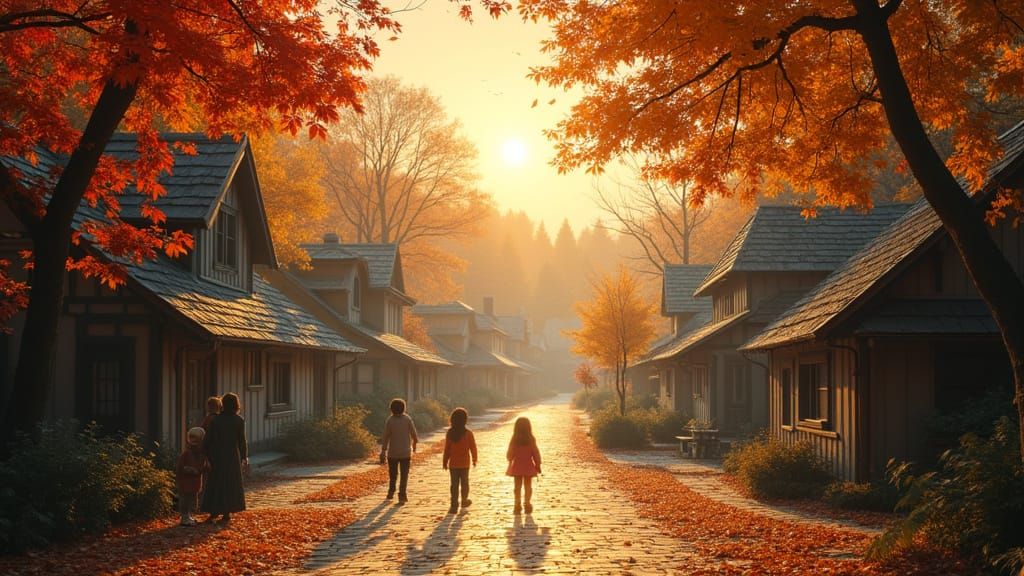 Peaceful Autumn Village with Golden Sunlight