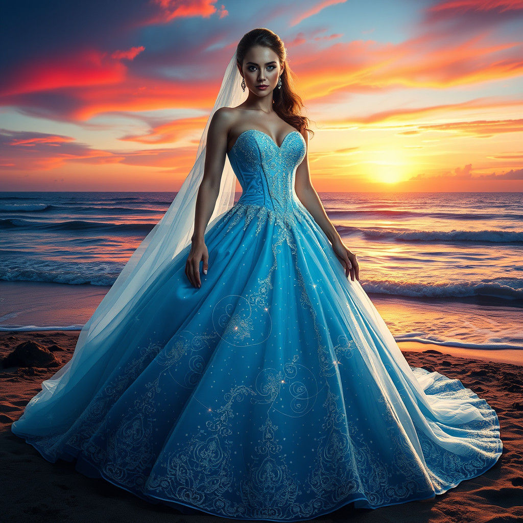 Bride in Starry Blue Wedding Gown at Sunset