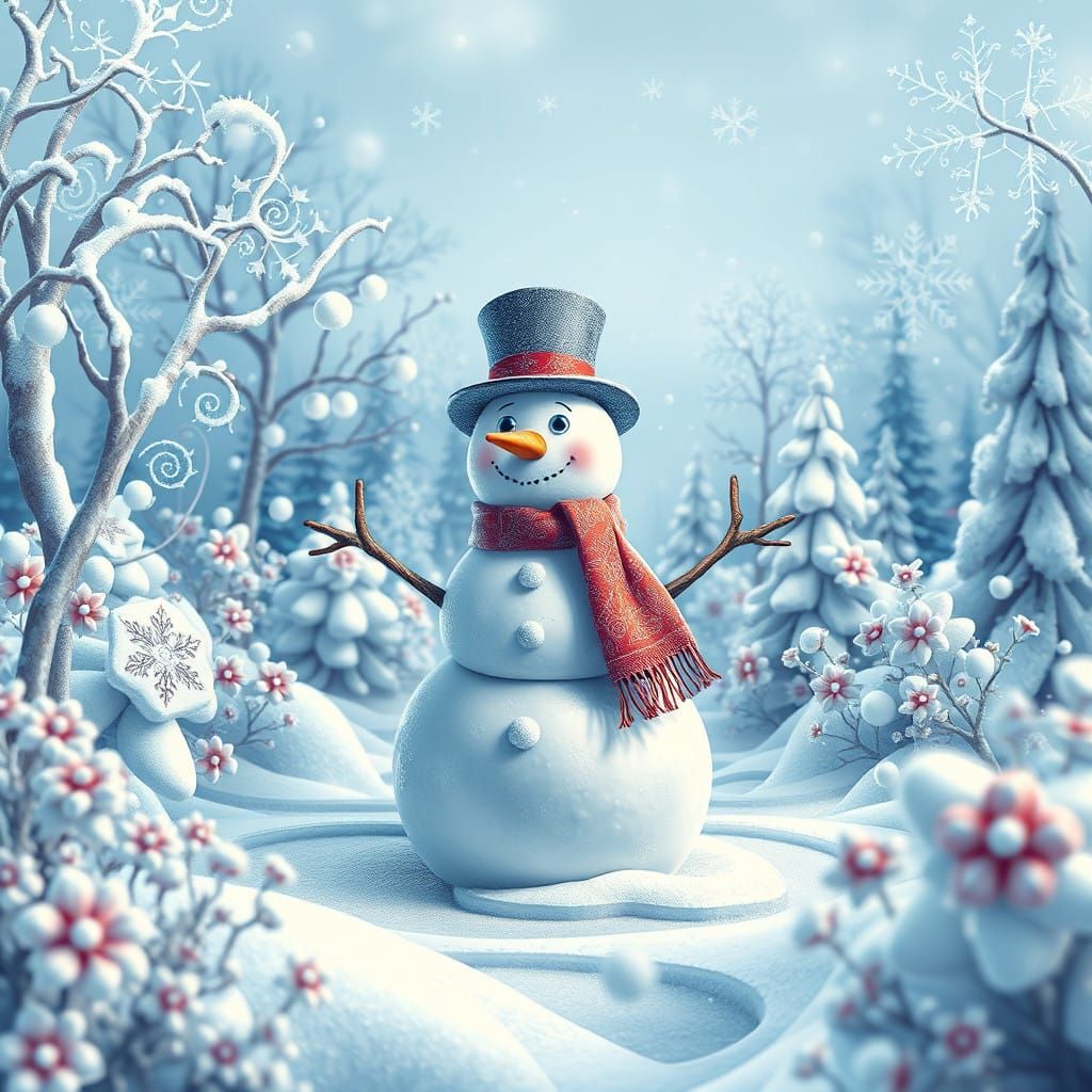 Winter Wonderland Snowman in Whimsical Garden Scene